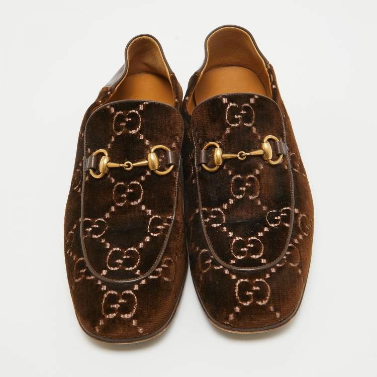Pre Owned Gucci Brown GG Velvet Horsebit Loafers Size 42.5