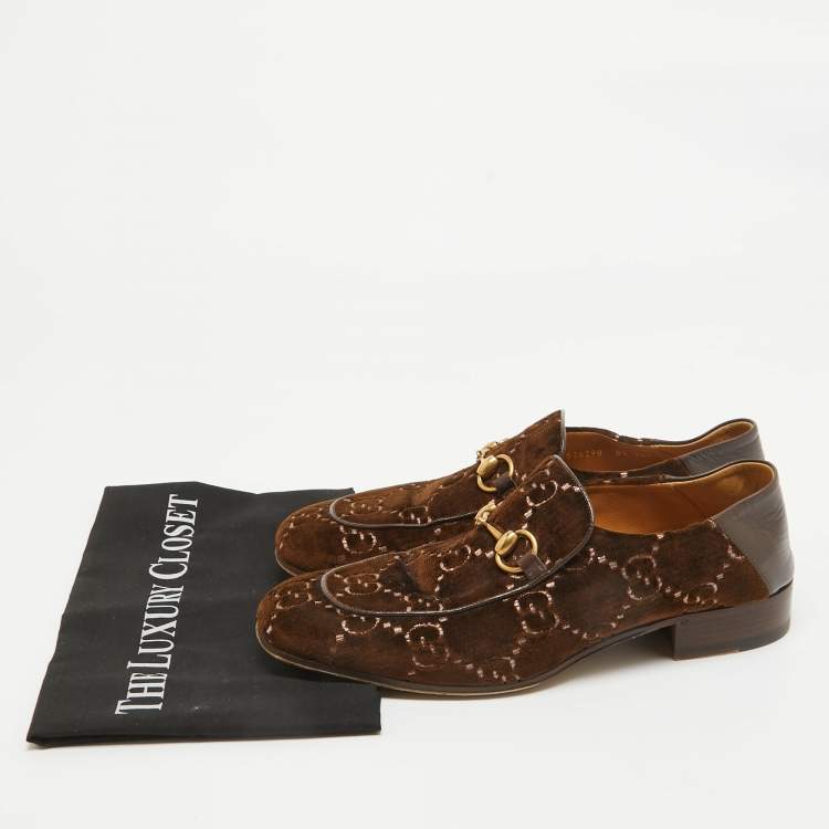 Pre Owned Gucci Brown GG Velvet Horsebit Loafers Size 42.5