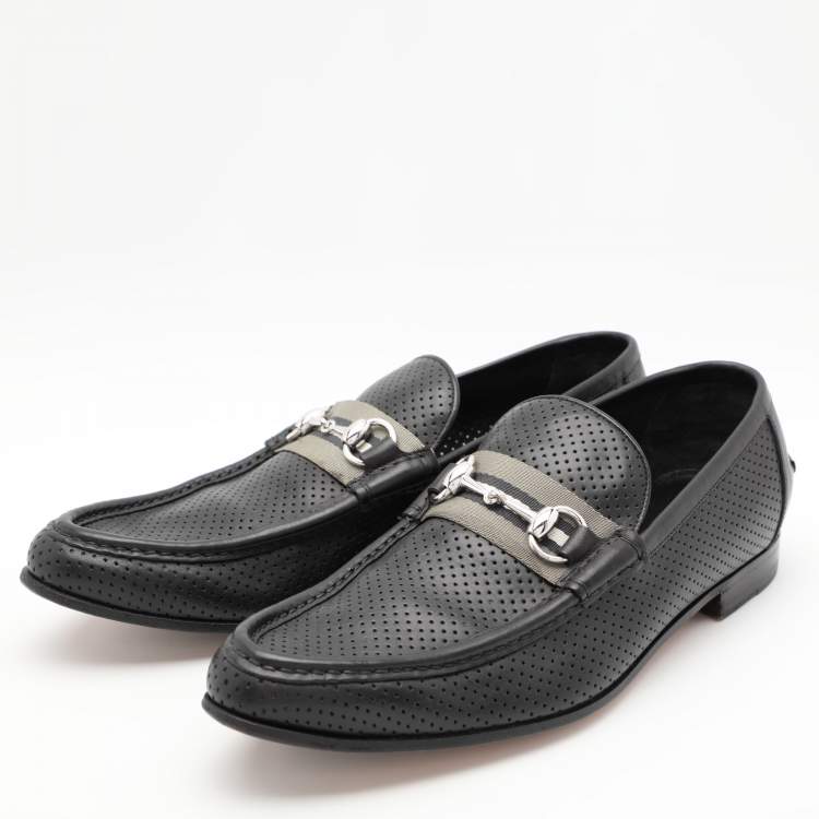 Pre Owned Gucci Black Perforated Leather Horsebit Web Loafers Size 42.5