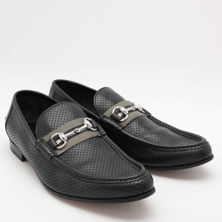 Pre Owned Gucci Black Perforated Leather Horsebit Web Loafers Size 42.5