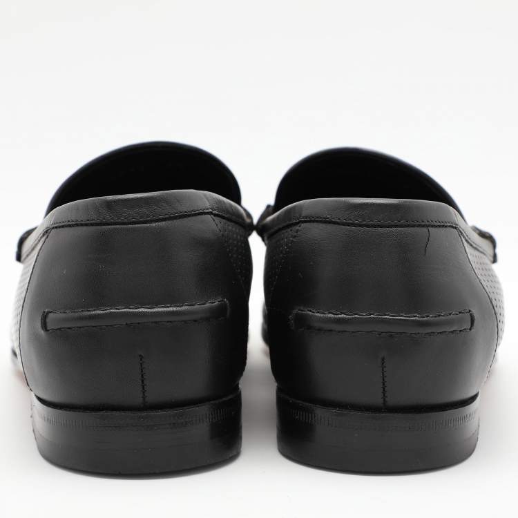 Pre Owned Gucci Black Perforated Leather Horsebit Web Loafers Size 42.5