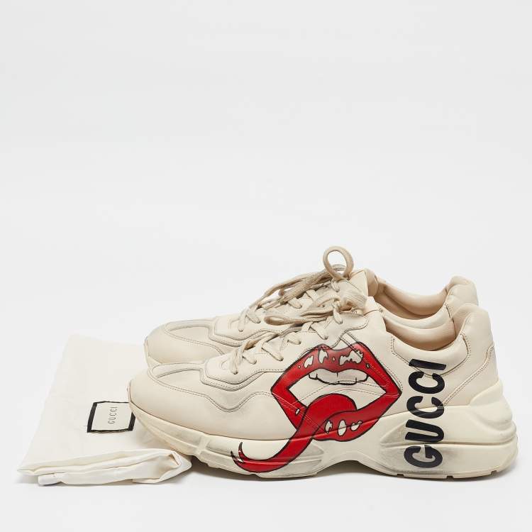 Pre Owned Gucci Cream Leather Mouth Print Rhyton Sneakers Size 45