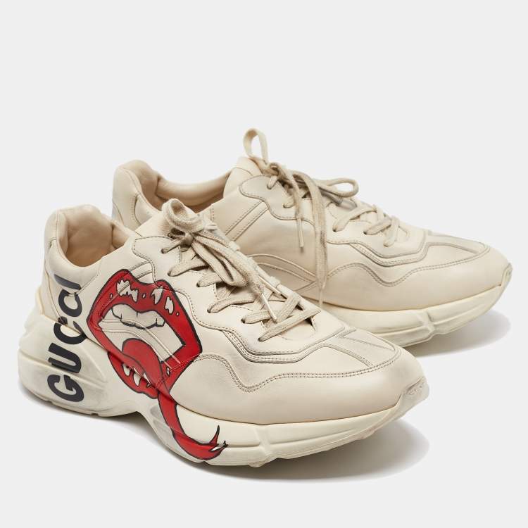 Pre Owned Gucci Cream Leather Mouth Print Rhyton Sneakers Size 45