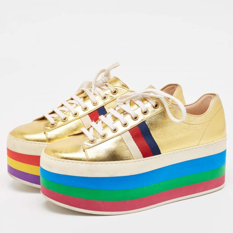 Pre Owned Gucci Gold Leather Peggy Lace Up Sneakers Size 40