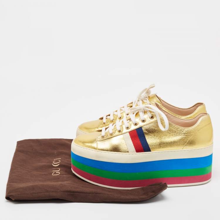 Pre Owned Gucci Gold Leather Peggy Lace Up Sneakers Size 40