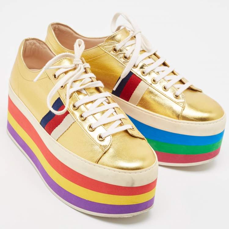Pre Owned Gucci Gold Leather Peggy Lace Up Sneakers Size 40