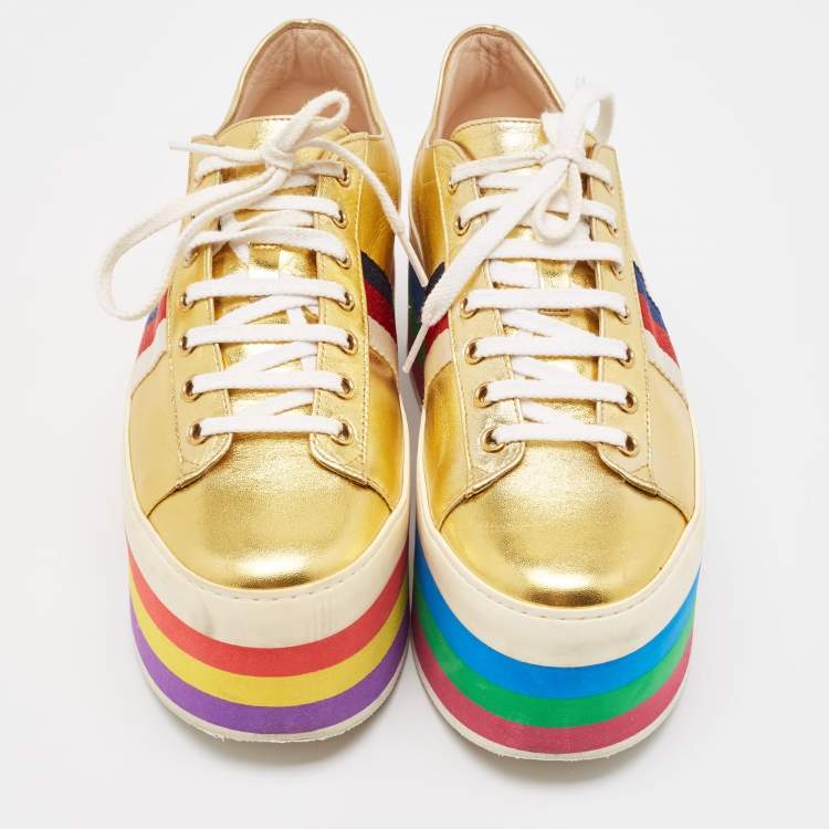Pre Owned Gucci Gold Leather Peggy Lace Up Sneakers Size 40