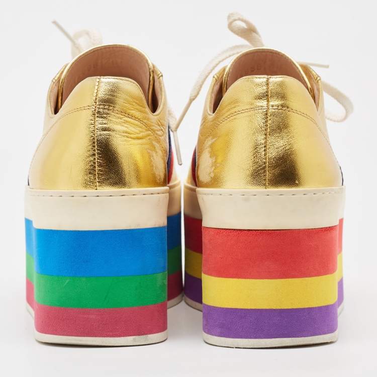 Pre Owned Gucci Gold Leather Peggy Lace Up Sneakers Size 40