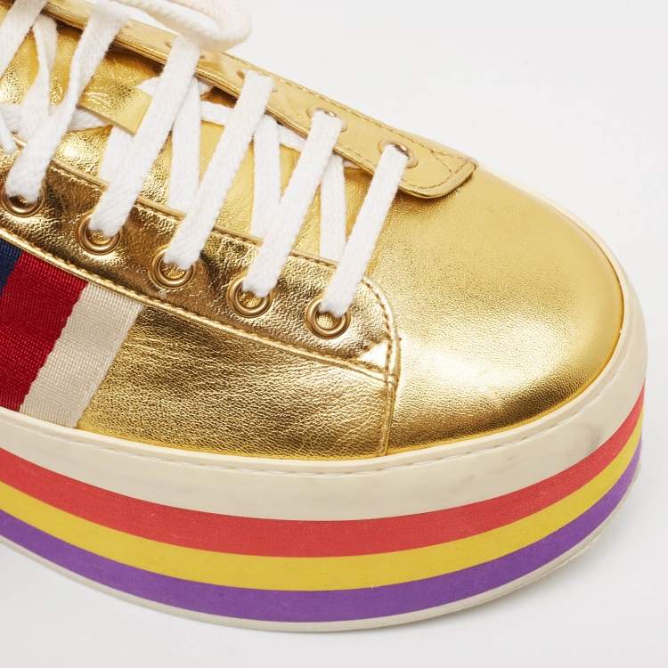 Pre Owned Gucci Gold Leather Peggy Lace Up Sneakers Size 40