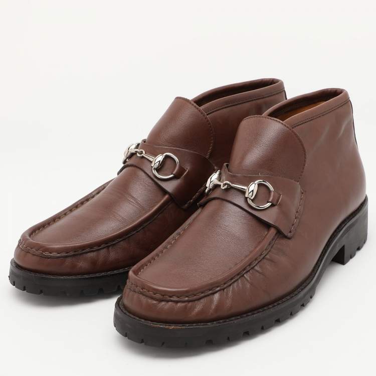 Pre Owned Gucci Brown Leather Horsebit Loafer Ankle Boots Size 44