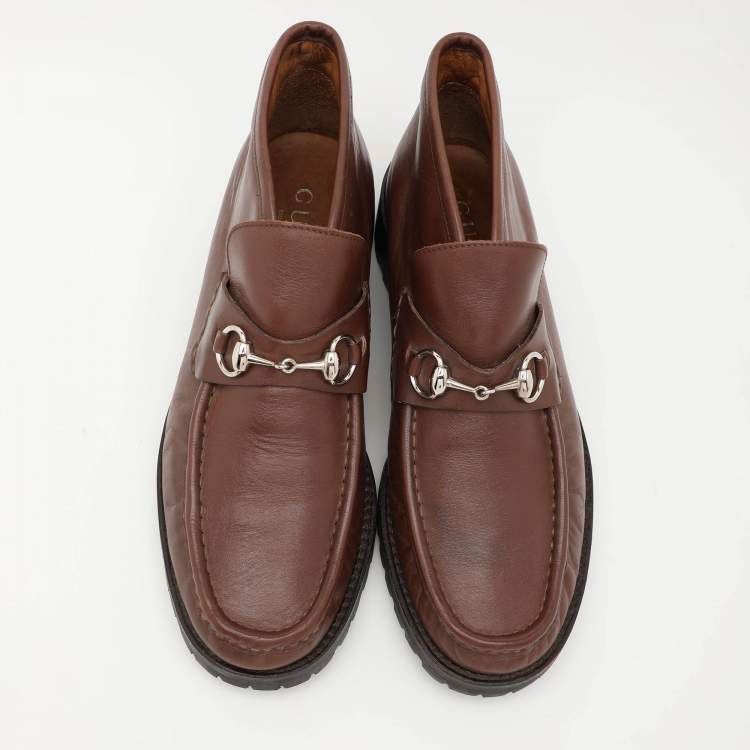 Pre Owned Gucci Brown Leather Horsebit Loafer Ankle Boots Size 44