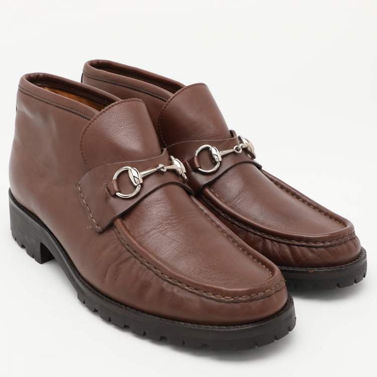 Pre Owned Gucci Brown Leather Horsebit Loafer Ankle Boots Size 44