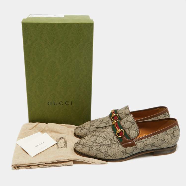 Pre Owned Gucci Brown GG Canvas Web Driver Loafers Size 45