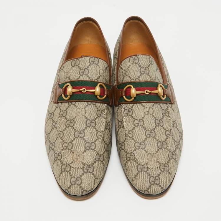 Pre Owned Gucci Brown GG Canvas Web Driver Loafers Size 45