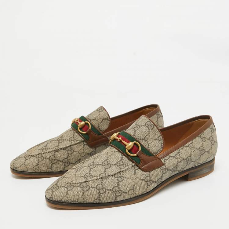 Pre Owned Gucci Brown GG Canvas Web Driver Loafers Size 45