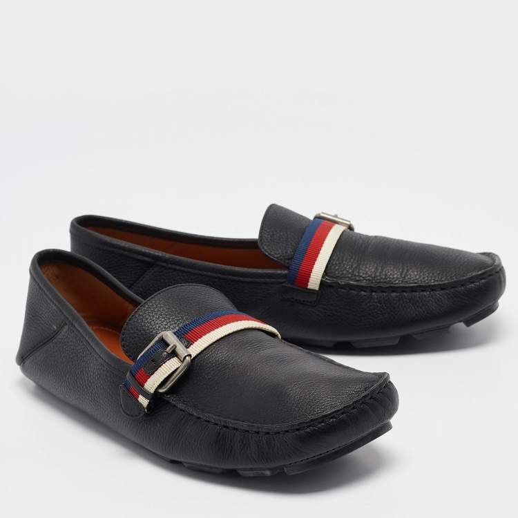 Pre Owned Gucci Black Leather Bee Embroidered Web Loafers Size 41.5