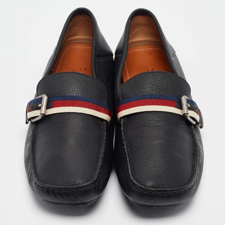 Pre Owned Gucci Black Leather Bee Embroidered Web Loafers Size 41.5