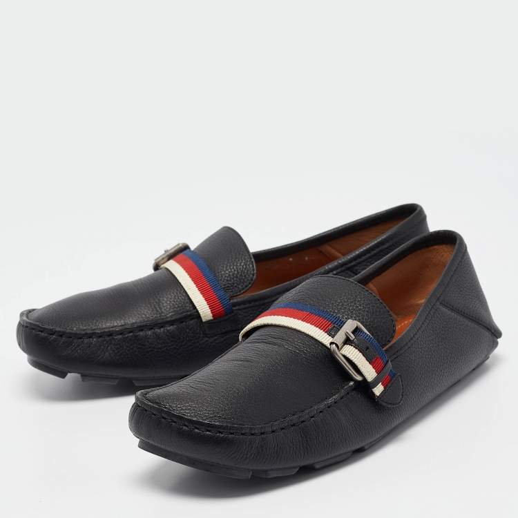 Pre Owned Gucci Black Leather Bee Embroidered Web Loafers Size 41.5