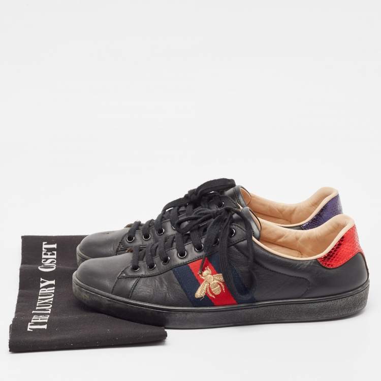 Pre Owned Gucci Black Leather Embroidered Bee Ace Sneakers Size 42.5