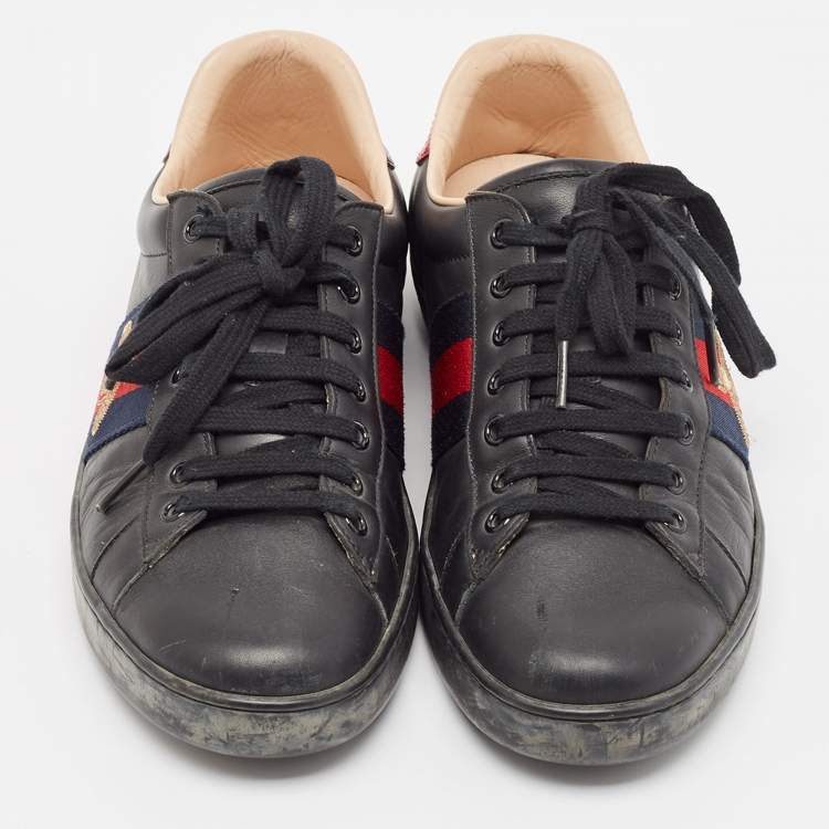 Pre Owned Gucci Black Leather Embroidered Bee Ace Sneakers Size 42.5