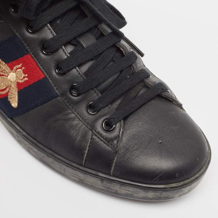 Pre Owned Gucci Black Leather Embroidered Bee Ace Sneakers Size 42.5