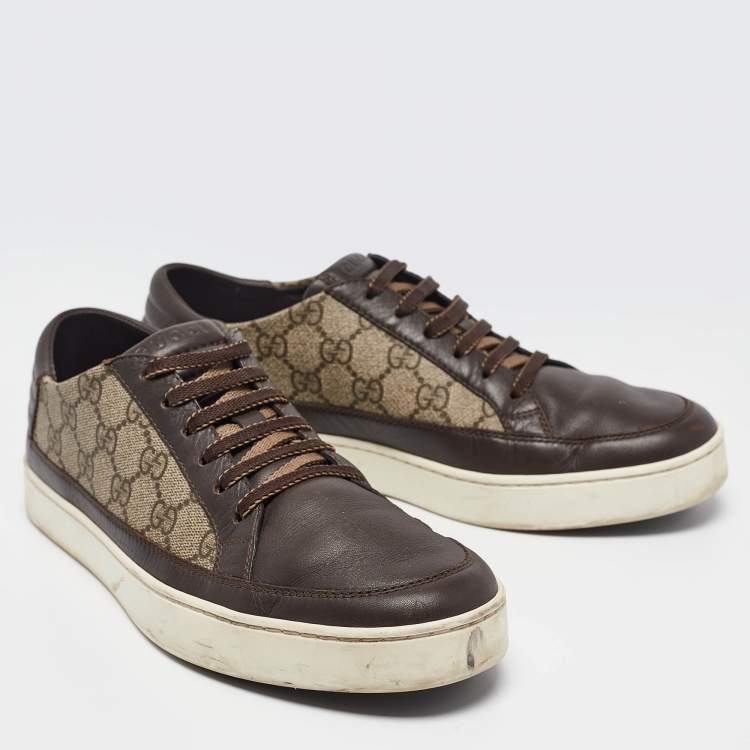 Pre Owned Gucci Beige/Brown GG Supreme Canvas and Leather Low Top Sneakers Size 41