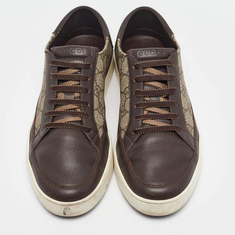 Pre Owned Gucci Beige/Brown GG Supreme Canvas and Leather Low Top Sneakers Size 41