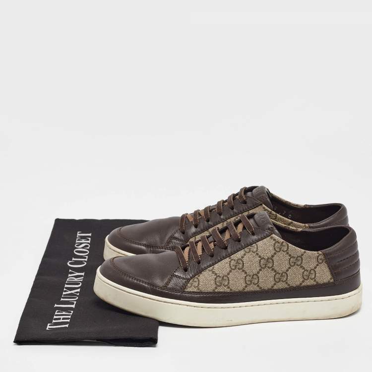 Pre Owned Gucci Beige/Brown GG Supreme Canvas and Leather Low Top Sneakers Size 41