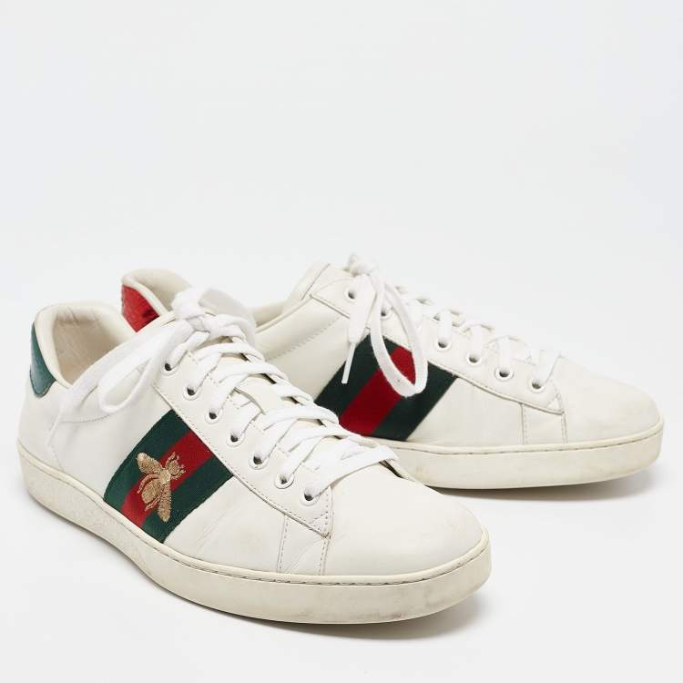 Pre Owned Gucci White Leather Ace Web Lace Up Sneakers Size 44