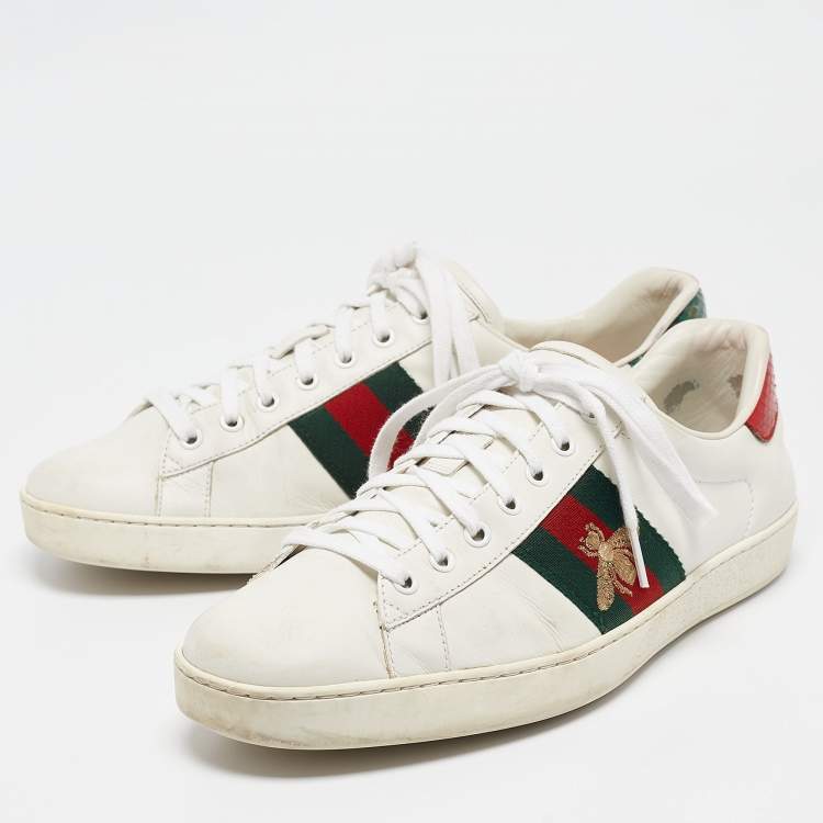 Pre Owned Gucci White Leather Ace Web Lace Up Sneakers Size 44