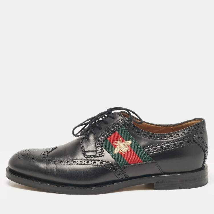 Pre Owned Gucci Black Brogue Leather Embroidered Bee Lace Up Derby Size 41 