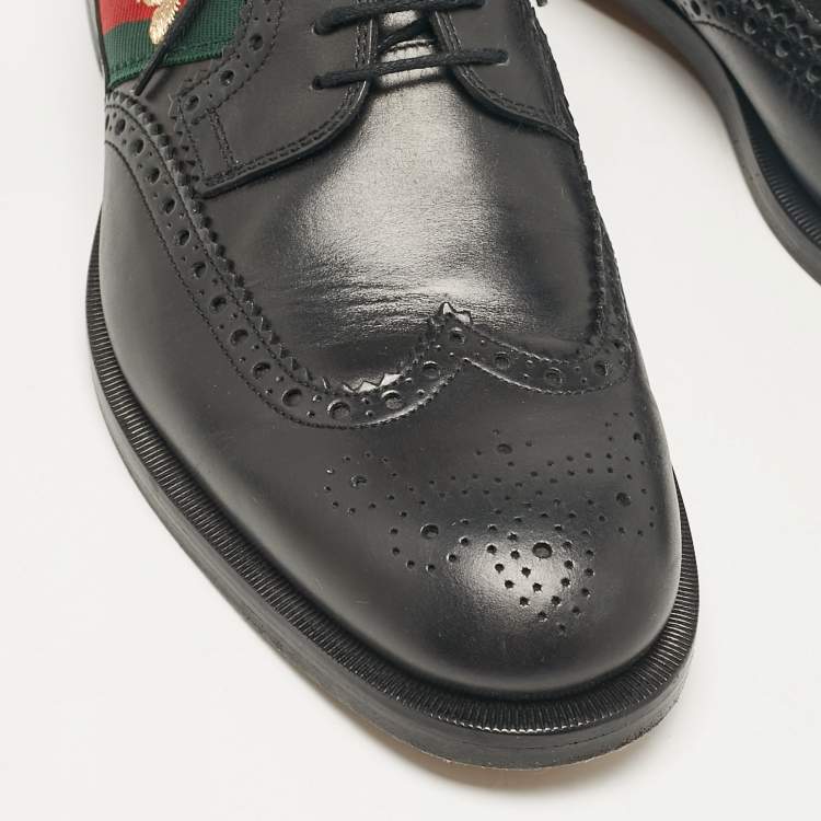 Pre Owned Gucci Black Brogue Leather Embroidered Bee Lace Up Derby Size 41 