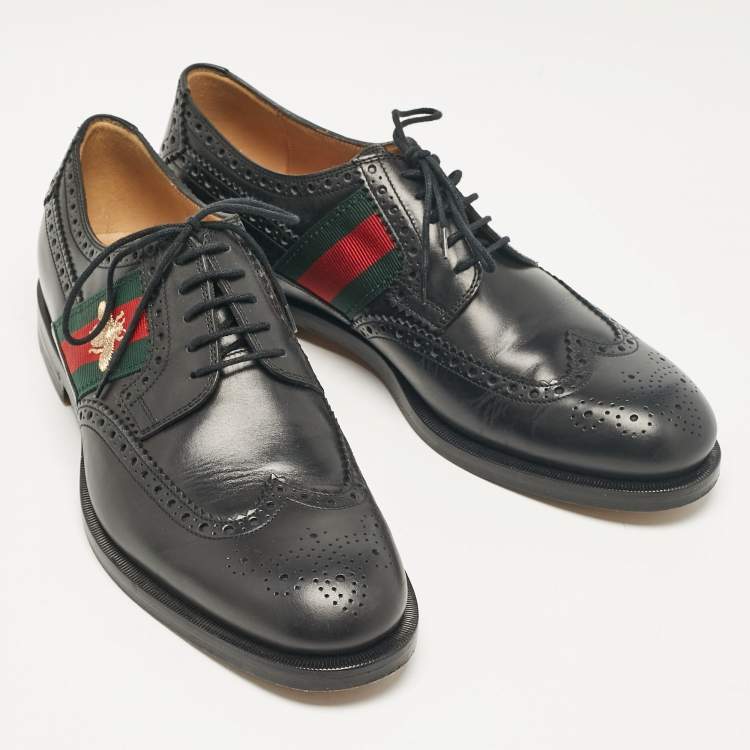 Pre Owned Gucci Black Brogue Leather Embroidered Bee Lace Up Derby Size 41 