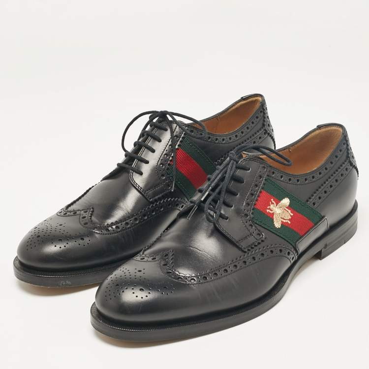 Pre Owned Gucci Black Brogue Leather Embroidered Bee Lace Up Derby Size 41 