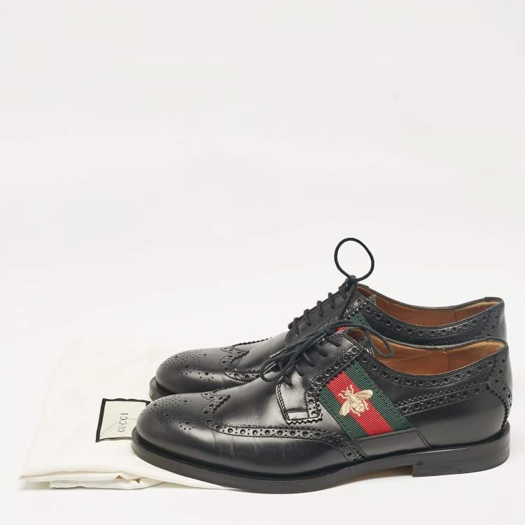 Pre Owned Gucci Black Brogue Leather Embroidered Bee Lace Up Derby Size 41 