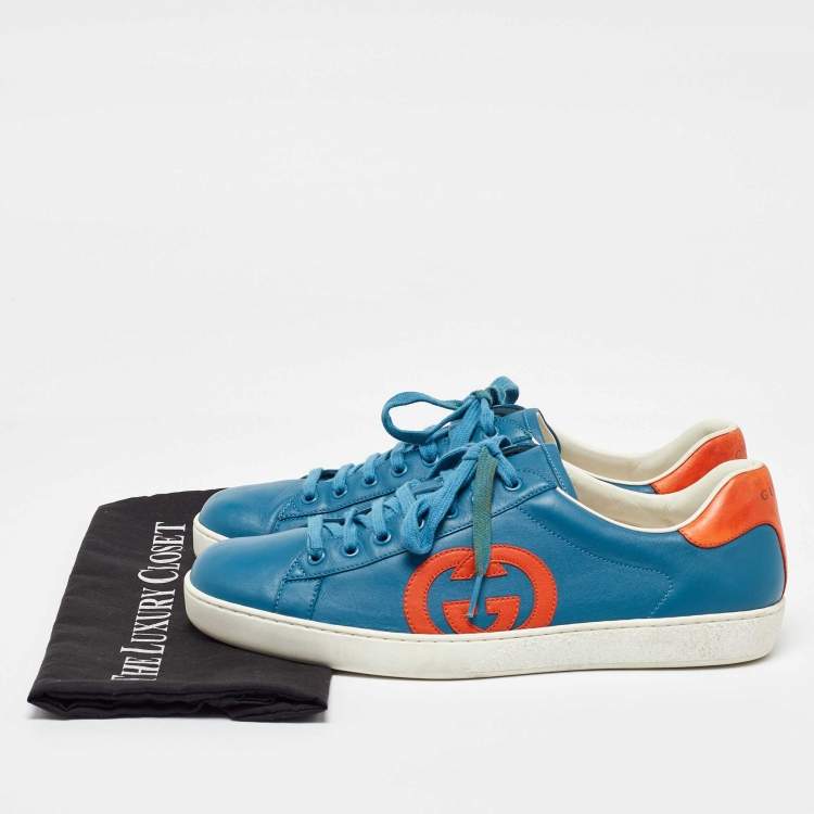 Pre Owned Gucci Blue/Orange Leather Low Top Sneakers Size 44.5