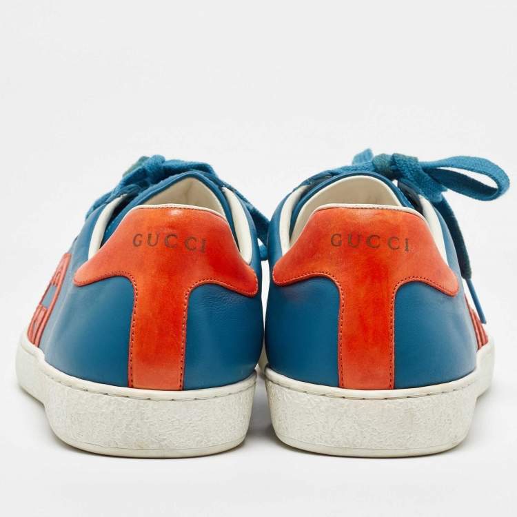 Pre Owned Gucci Blue/Orange Leather Low Top Sneakers Size 44.5