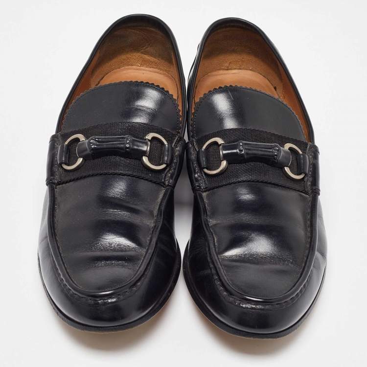 مملوكة مسبقًا Gucci Black Leather Bamboo Horsebit Slip On Loafers Size 41.5
