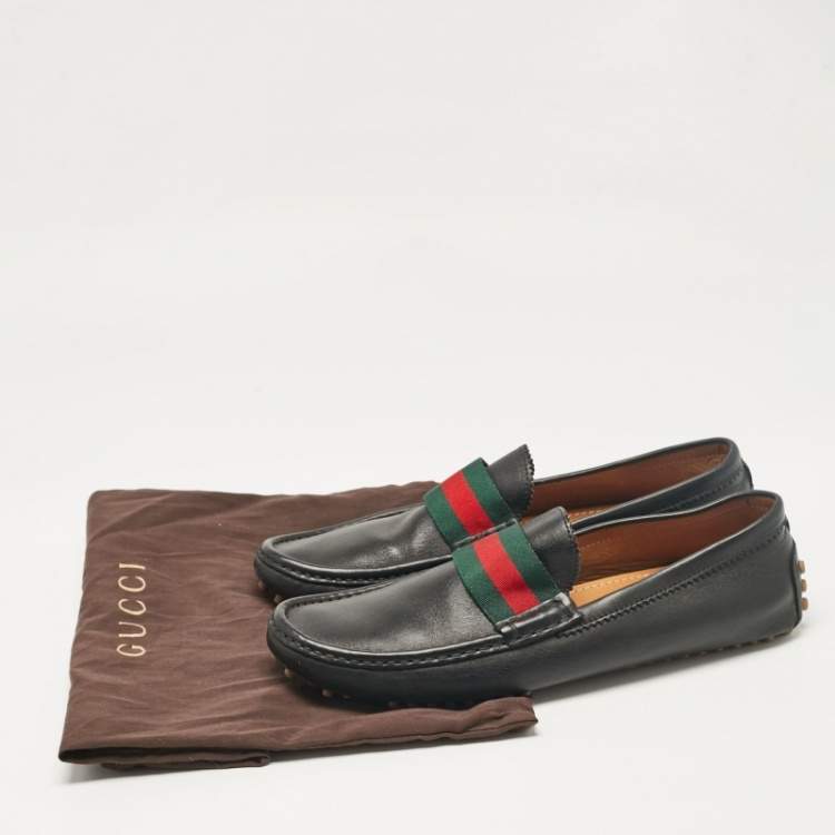 Pre Owned Gucci Black Leather Vintage Web Detail Loafers Size 43.5