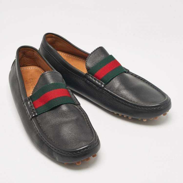 Pre Owned Gucci Black Leather Vintage Web Detail Loafers Size 43.5