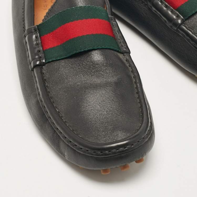 Pre Owned Gucci Black Leather Vintage Web Detail Loafers Size 43.5
