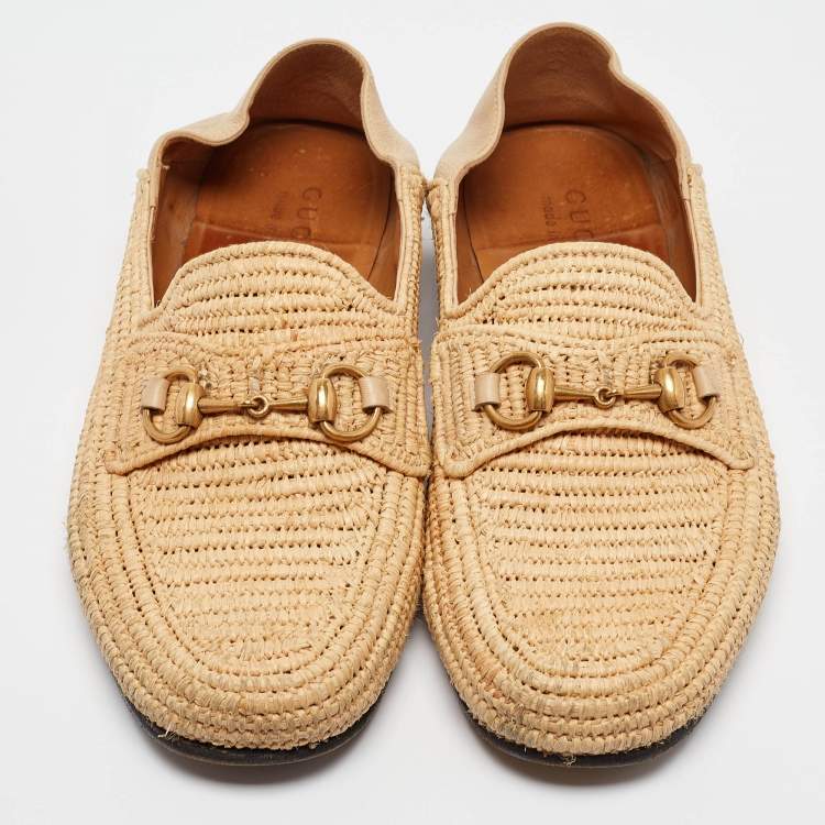 مملوكة مسبقًا Gucci Beige Leather and Raffia Jordaan Loafers Size 42