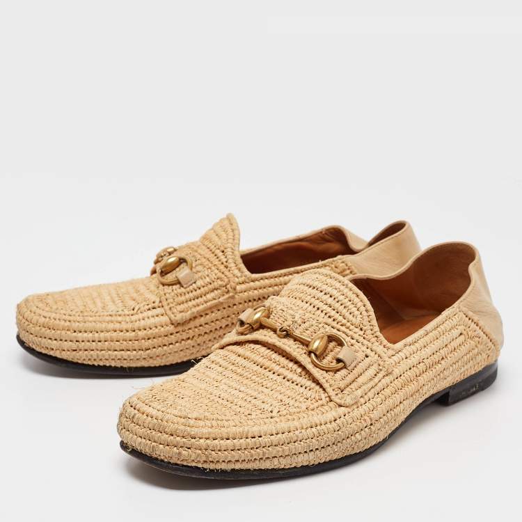 مملوكة مسبقًا Gucci Beige Leather and Raffia Jordaan Loafers Size 42