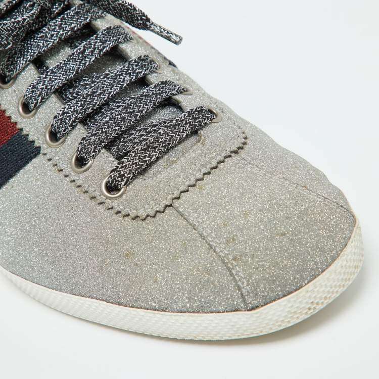 Pre Owned Gucci Metallic Silver Glitter Bambi Web Detail Studded Low Top Sneakers Size 43
