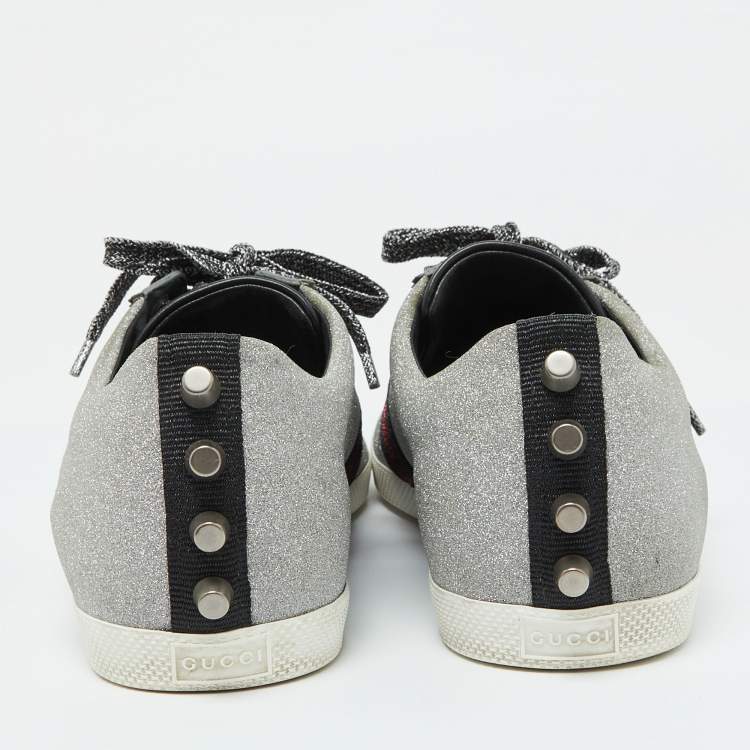 Pre Owned Gucci Metallic Silver Glitter Bambi Web Detail Studded Low Top Sneakers Size 43