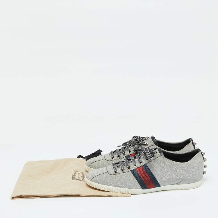 Pre Owned Gucci Metallic Silver Glitter Bambi Web Detail Studded Low Top Sneakers Size 43