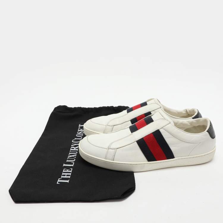 Pre Owned Gucci White Leather Web Slip On Sneakers Size 43