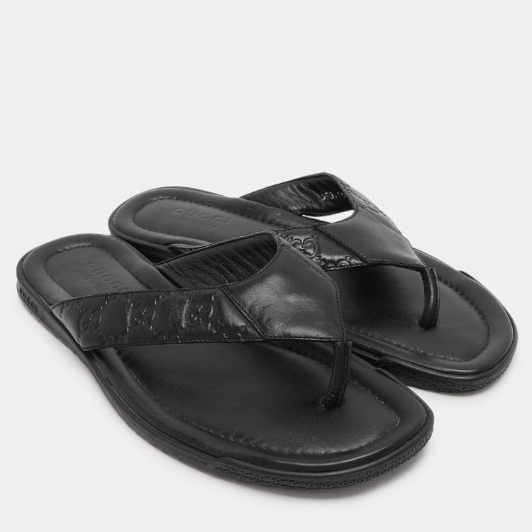 Pre Owned Gucci Black Guccissima Leather Criss Cross Flat Slides Size 43