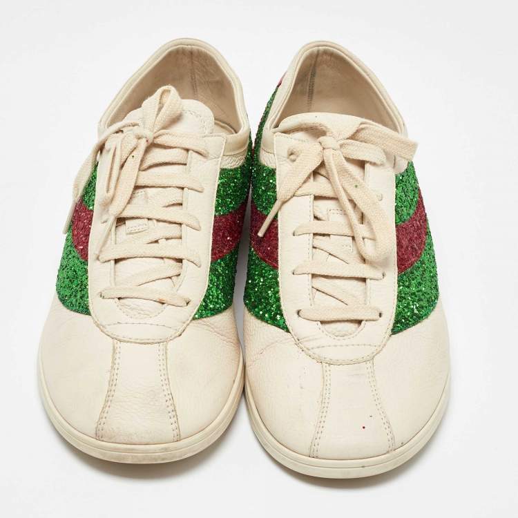 Pre Owned Gucci White Glitter and Leather Falacer Lace Up Sneakers Size 43