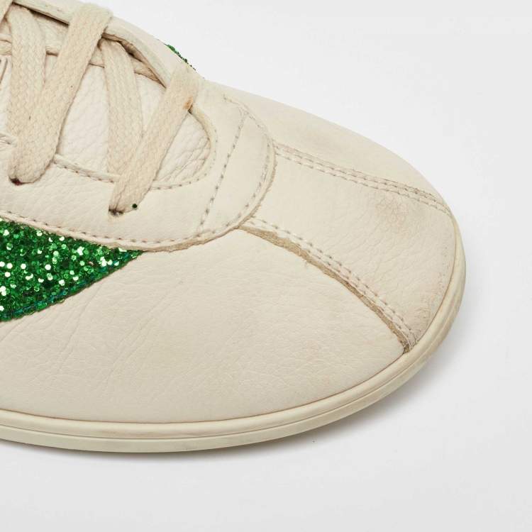Pre Owned Gucci White Glitter and Leather Falacer Lace Up Sneakers Size 43